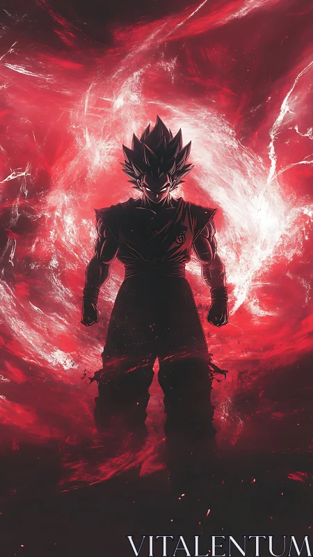 Silhouetted warrior before swirling red cosmic vortex.