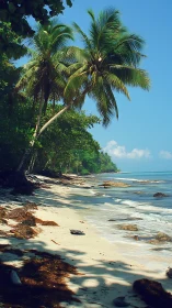 Tropical beach coastline with palm trees and calm waters.