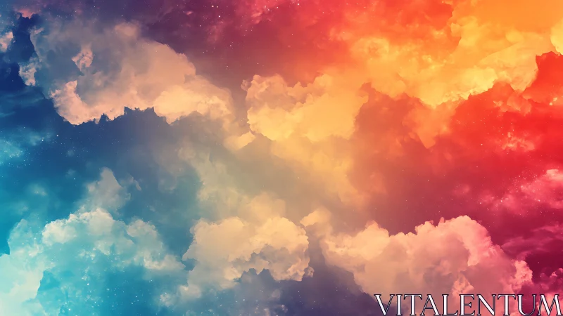 Sunlit nebula clouds over prismatic twilight skyscape.