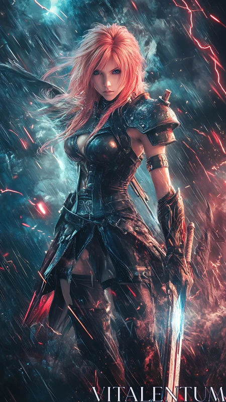 Neon storm warrior in cyberpunk armor, dynamic vertical framing.