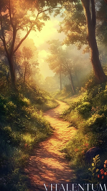 Sunlit forest path glowing with golden luminescence and tranquility.