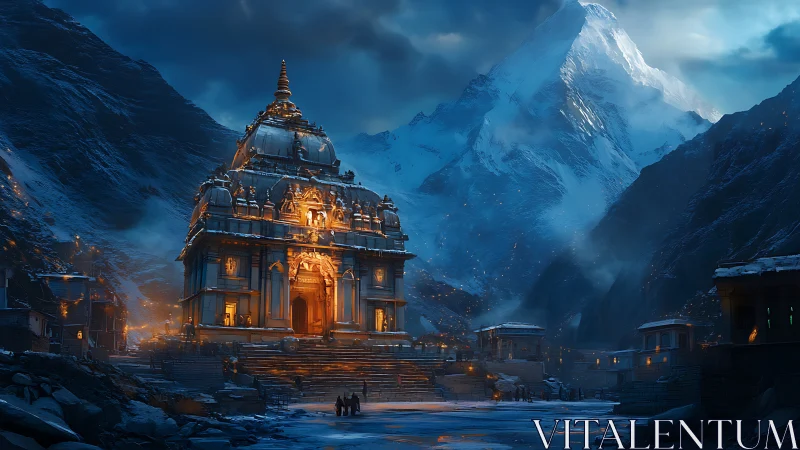Illuminated mountain temple structure stands within snowy valley