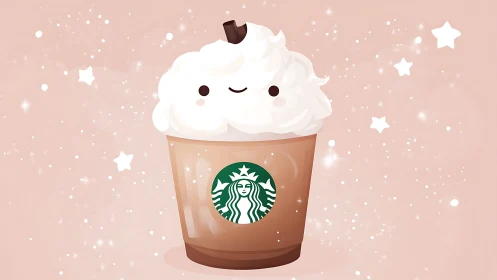 Smiling whipped cream frappuccino in a starlit pastel swirl.