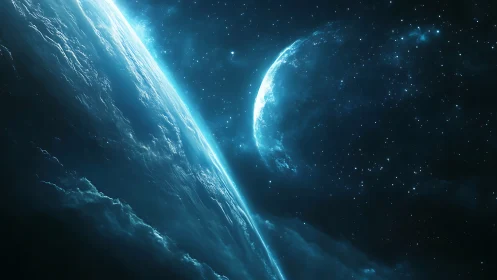 Planetary horizon with illuminated crescent world in space.