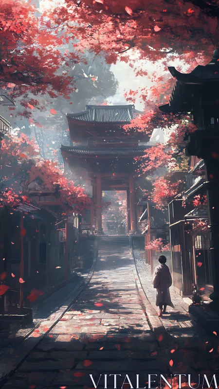 Gentle stroll beneath crimson temple blossoms at sunrise.