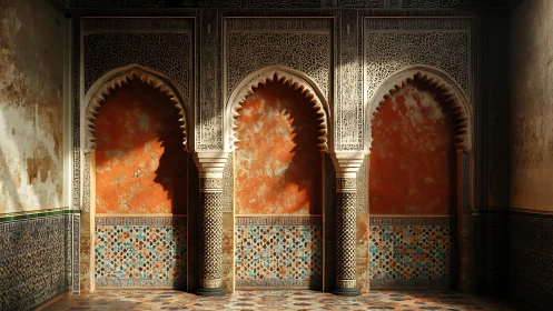 Sunlit arches whisper through patterned Moroccan stonework