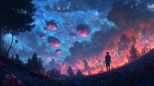 Silhouetted figure observes multi-moon sky over forested slope