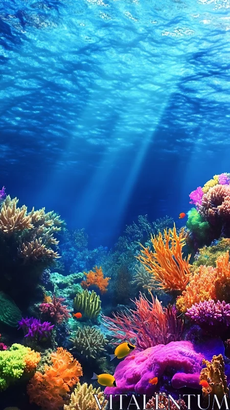 Colorful coral reef under clear blue ocean water.