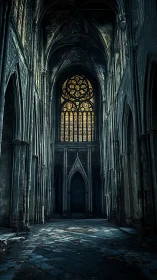 Gothic nave interior renders decayed cathedral with stained glass