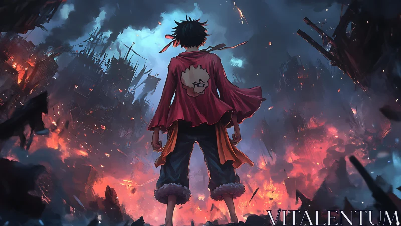 Lone anime hero overlooks burning ruined cityscape at dusk.