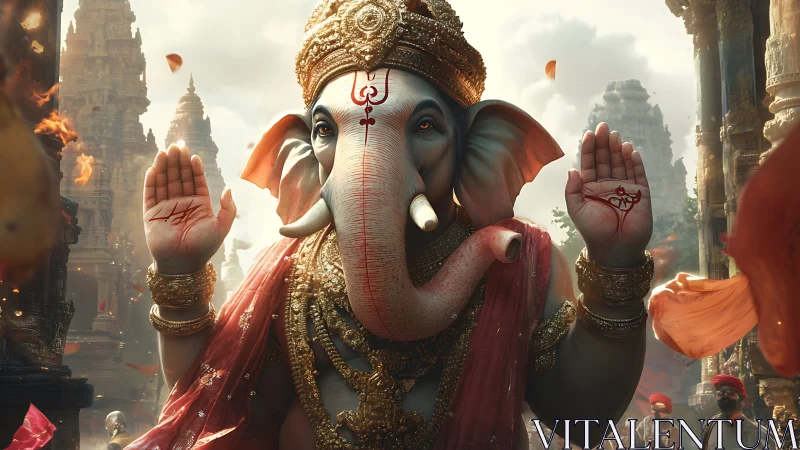 Digital Ganesha deity blessing gesture in ornate temple courtyard.