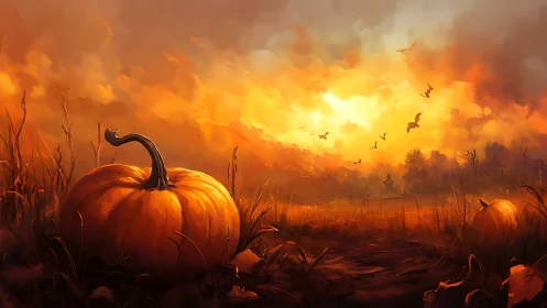 Autumnal pumpkin field under radiative sunset skyscape.