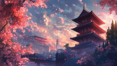 Sunlit pagoda stands amid dense cherry blossom foreground