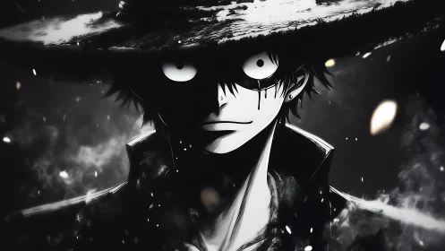 Monochrome anime figure in hat amid smoke and embers.