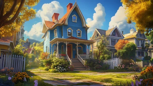 Blue Victorian house stands centered in bright suburban street