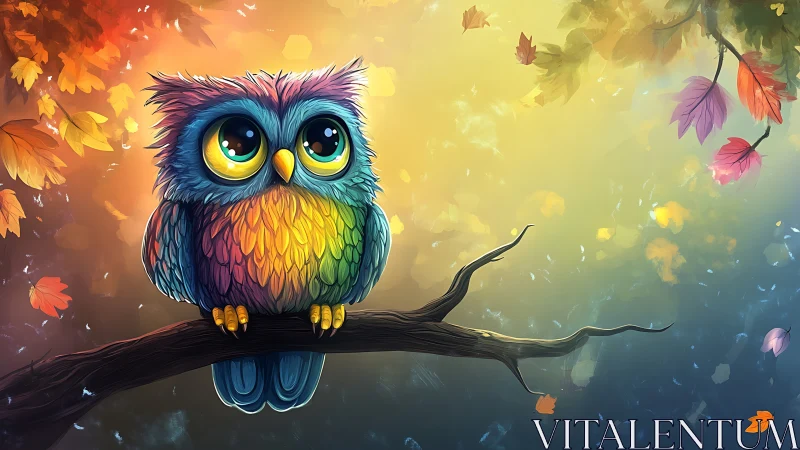 Vibrant Cartoon Owl on Autumn Branch in Dreamy Digital Art Style.