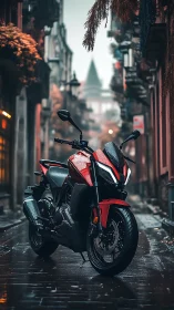 Red sport motorcycle stands on wet cobbled city street