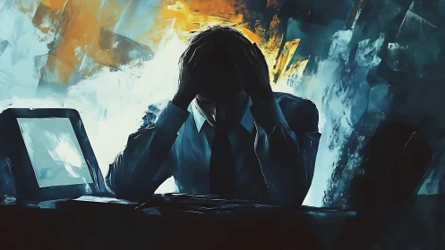 Shattered office mind beneath a storm of digital burnout.