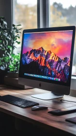 Modern desktop workspace with vivid mountain display screen.