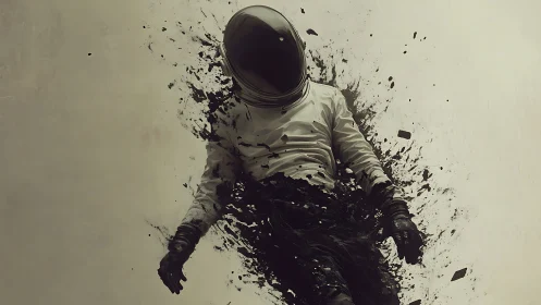 Drifting astronaut dissolving into inky cosmic fragments.