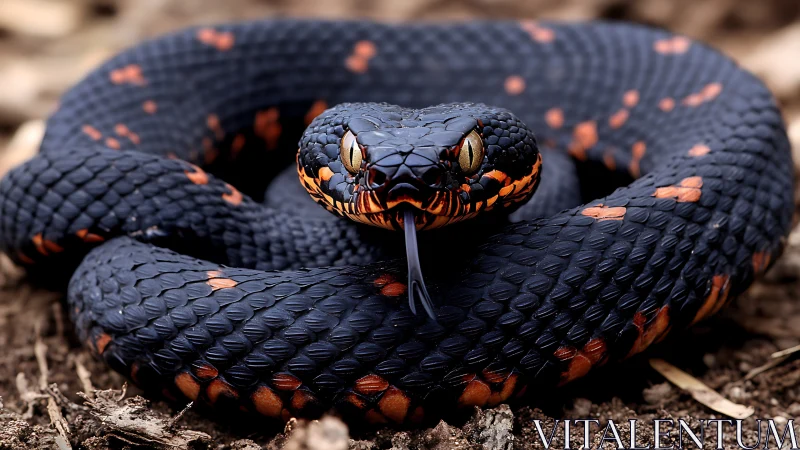 Coiled midnight viper studies the world through ember eyes