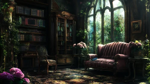 Victorian conservatory library with luminous gothic windows.