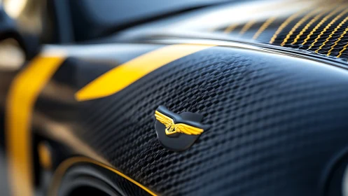 Sleek carbon fiber sports car hood glows with bold yellow lines