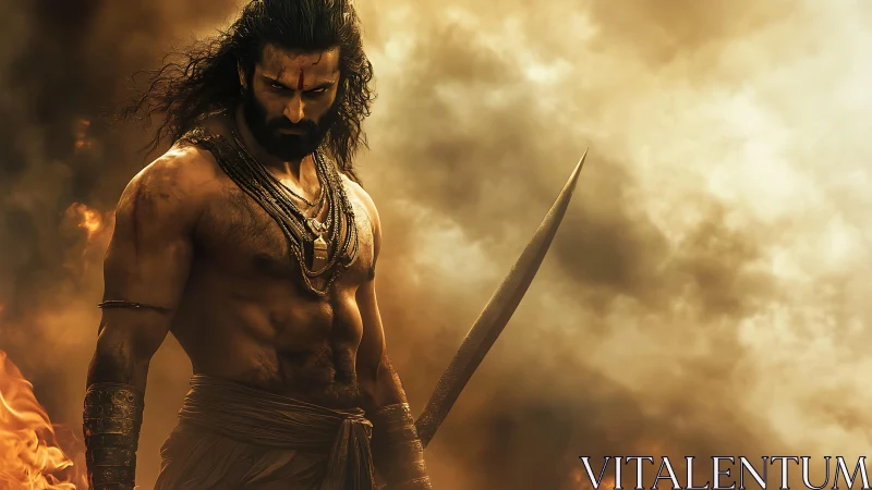 Mythic warrior stands in blazing smoke-filled battlefield.