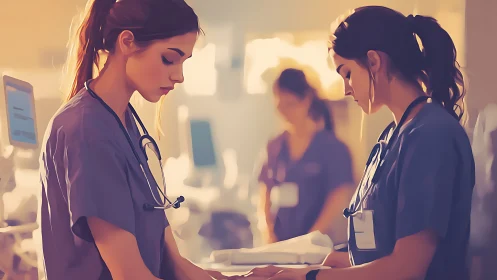 Two nurses collaborating in a hospital, digital painting style.