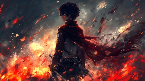 Backlit anime warrior studies burning battlefield with dynamic cape