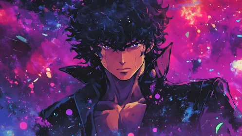 Curly haired male figure in leather jacket, neon cosmic field.