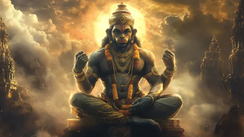 Mythic simian deity in radiant atmospheric convergence.