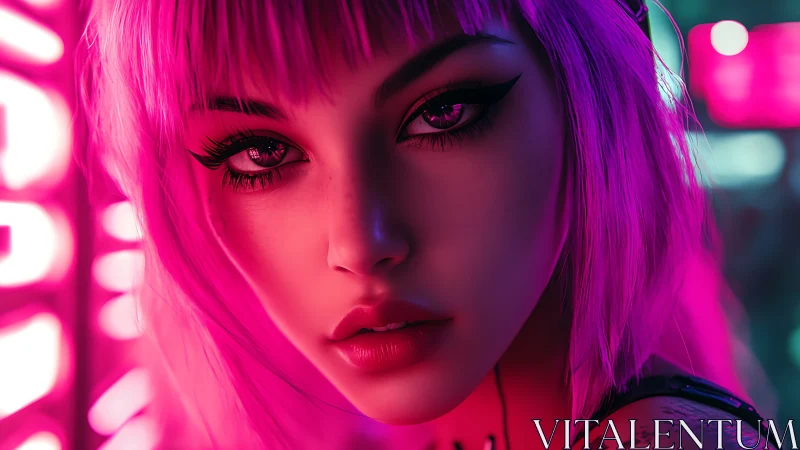 Neon lit close-up portrait of stylized woman in pink light.