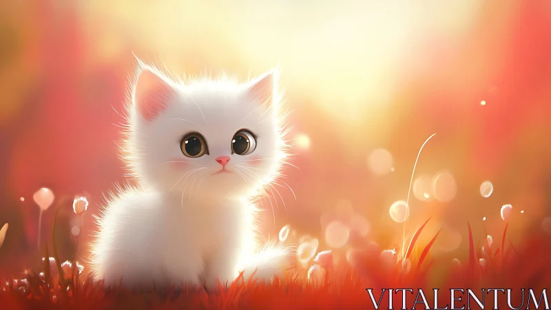 White Kitten in Golden Wildflower Field.