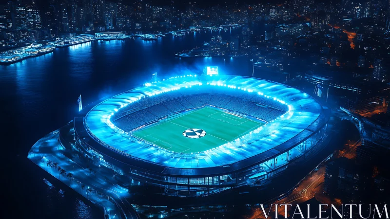 Nighttime football stadium glows blue over dense waterfront city