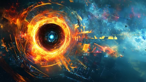 Fiery cosmic portal swirls open into a glowing digital horizon