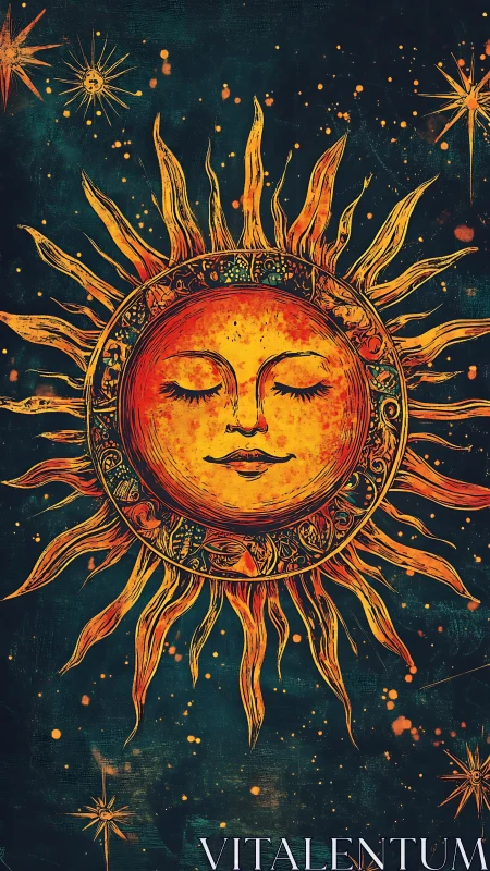 Celestial sun mandala with ornate rays on teal cosmos backdrop.