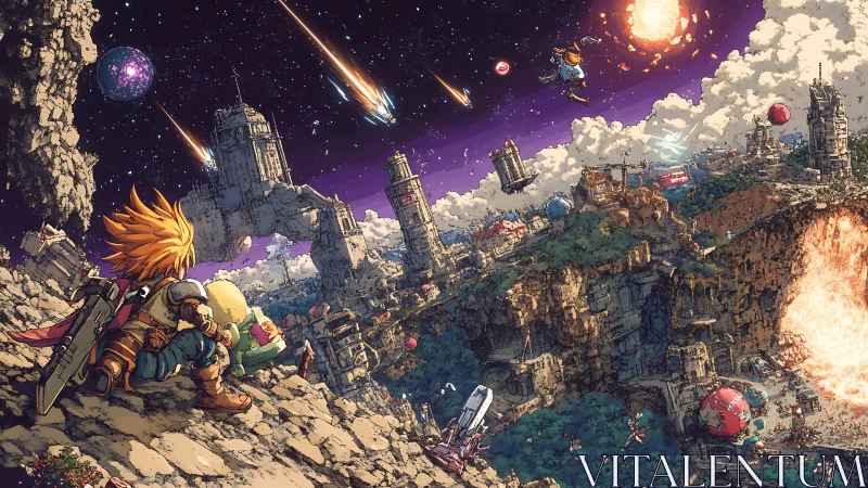 Fantasy warrior overlooks crumbling sci fi canyon world.