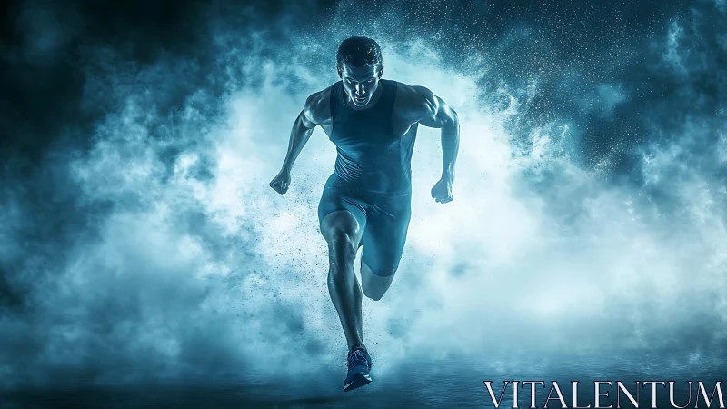 High-intensity sprinter emerging through volumetric blue fog.