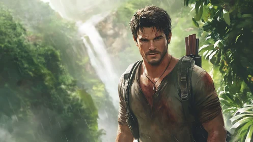 Rain-soaked jungle explorer pausing between wild cascades.