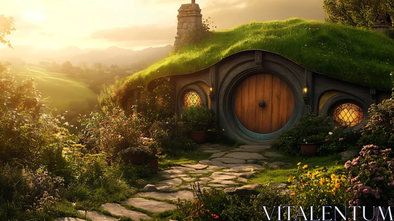 Grass-roofed hillside dwelling with round wooden doorway.