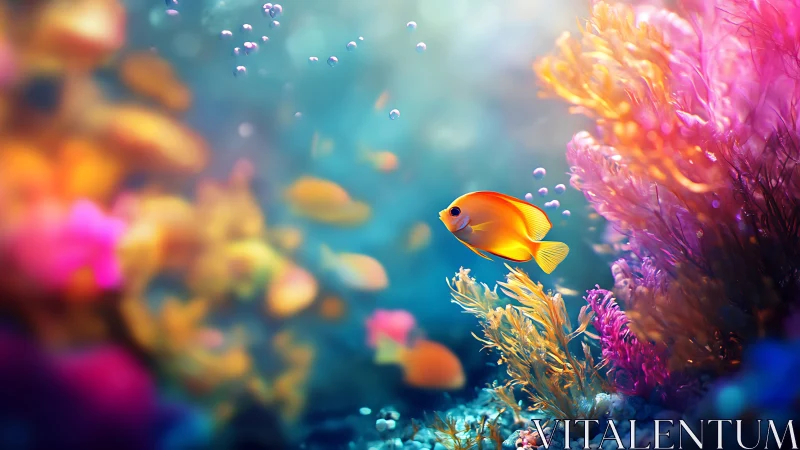 Neon reef daydream with golden fish in liquid light.