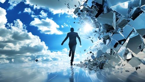 Silhouette runs through exploding glass wall into bright sky