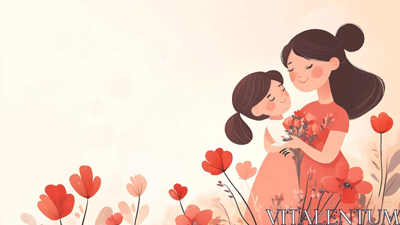 Mother and Daughter Celebrating Love in a Field of Red Flowers