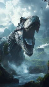 Roaring tyrannosaurus dominates misty Jurassic canyon river