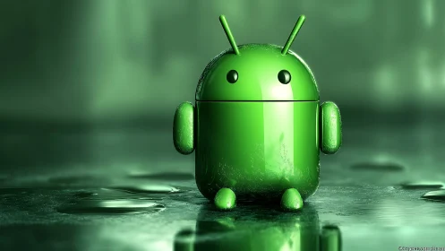 Glossy green android mascot on reflective wet surface.