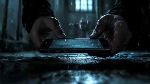 Hydrophobic smartphone interface in cinematic low key rain study.