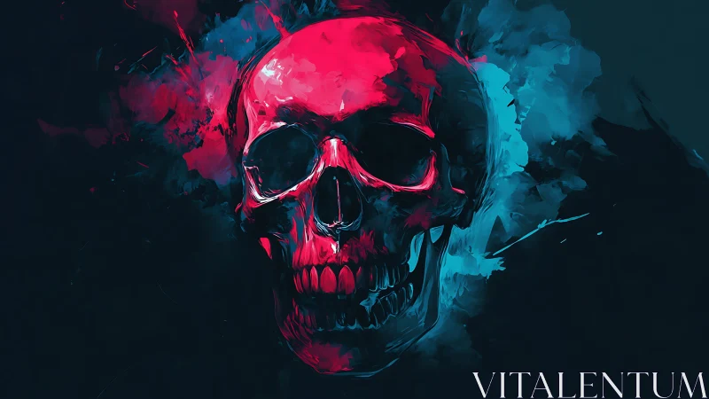 Neon-slashed skull floats between hot crimson and cold cyan