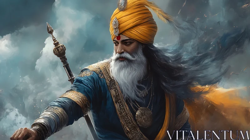 Warrior elder in golden turban commands stormy battlefield