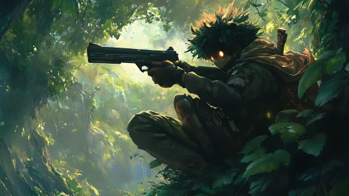 Camouflaged jungle sniper with glowing eyes in dense foliage.